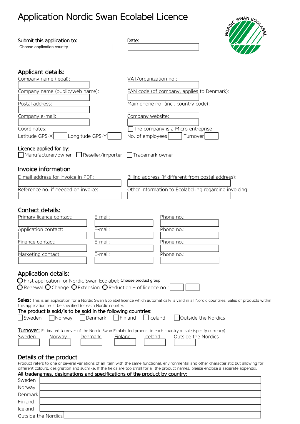 Application Nordic Swan Ecolabel Licence