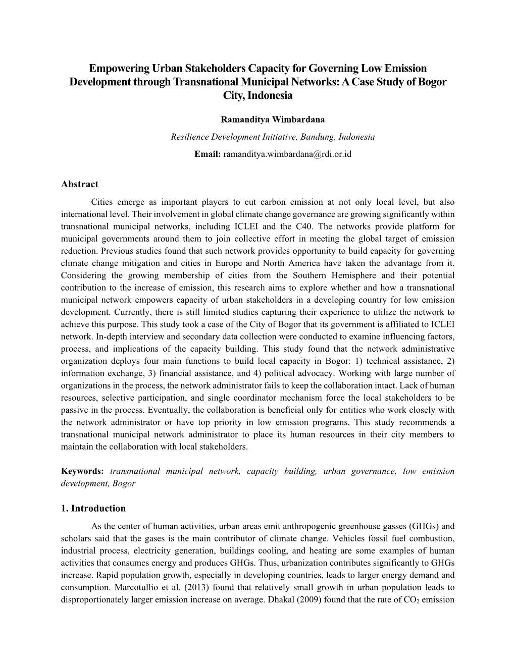 Empowering Urban Stakeholders Capacity for Governing Low Emission Development Through Transnational Municipal Networks: a Case Study of Bogor City, Indonesia