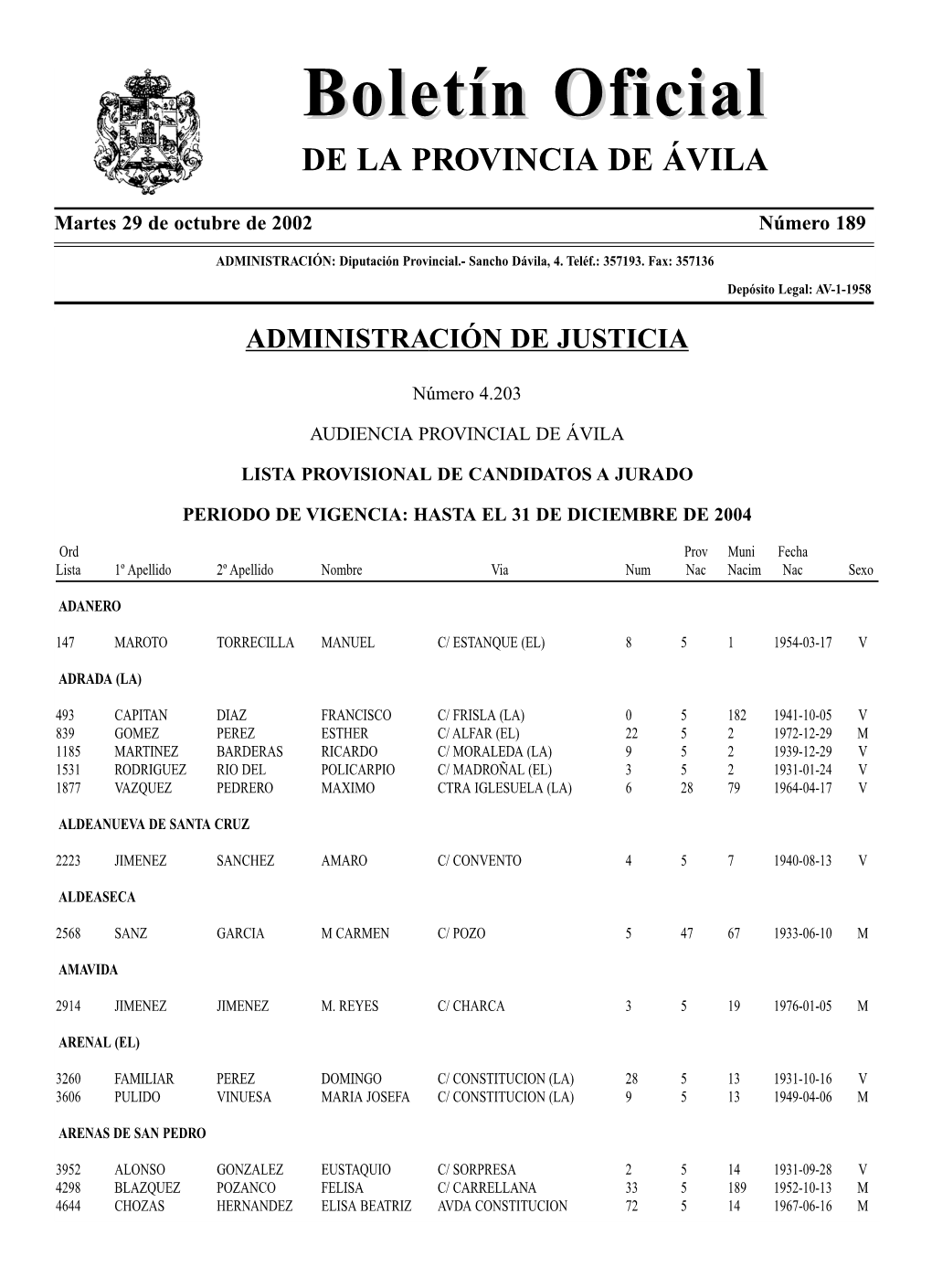 BOLETÍN OFICIAL DE ÁVILA 29 De Octubre De 2002