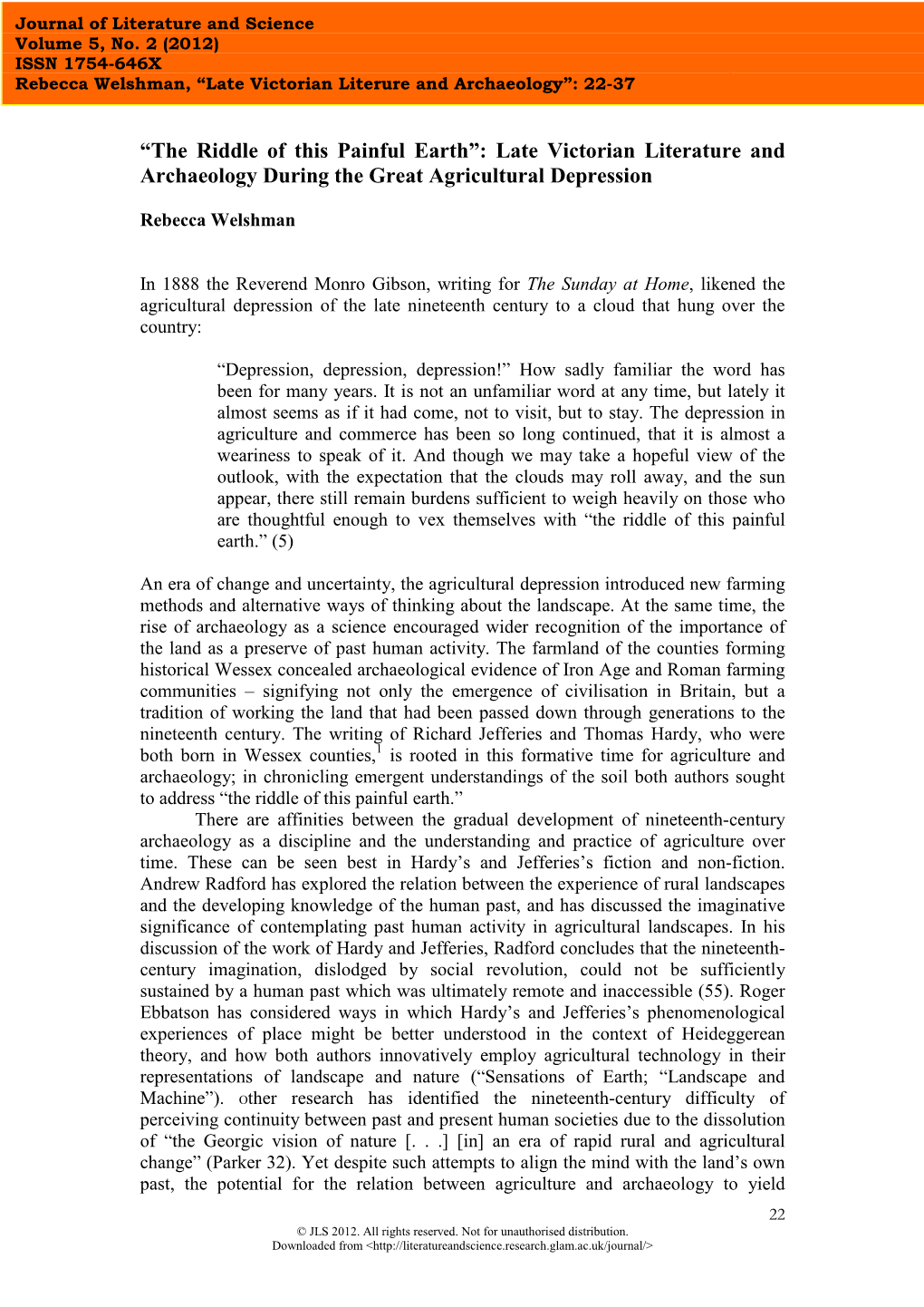 “The Riddle of This Painful Earth”: Late Victorian Literature and Archaeology During the Great Agricultural Depression