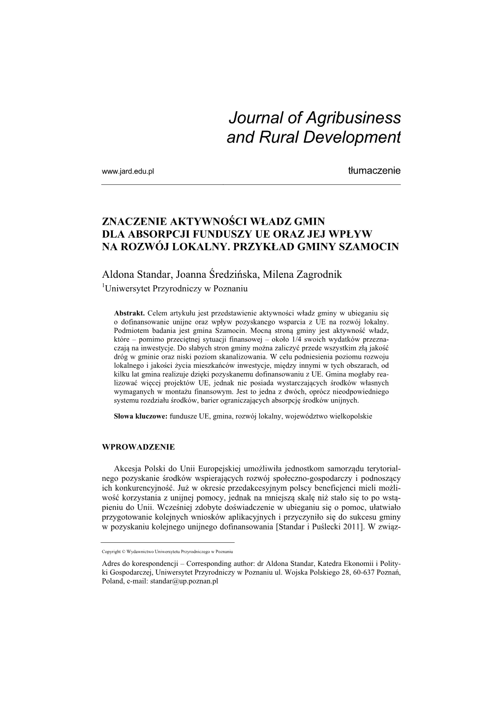 Journal of Agribusiness and Rural Development Tłumaczenie