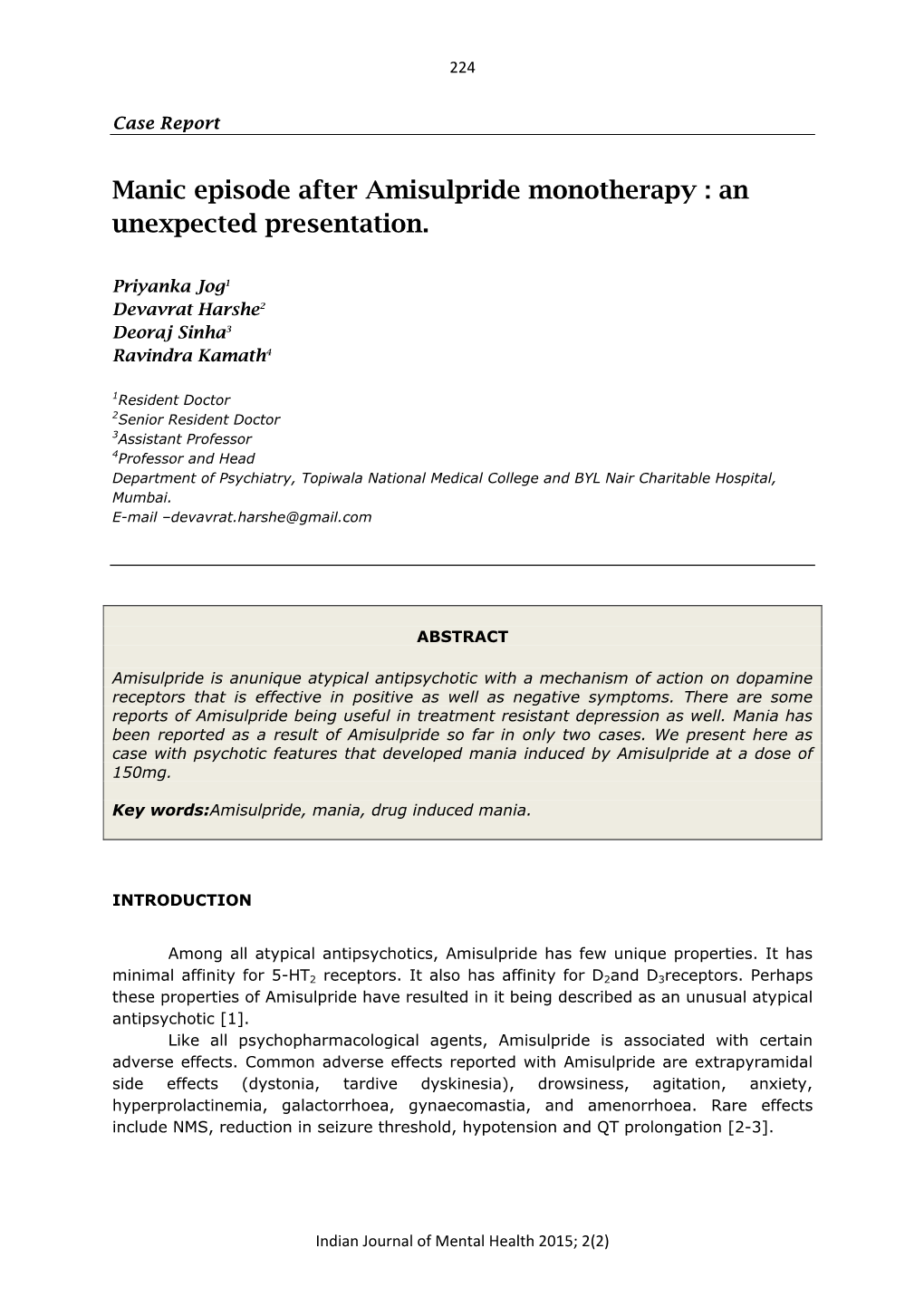 Manic Episode After Amisulpride Monotherapy : an Unexpected Presentation