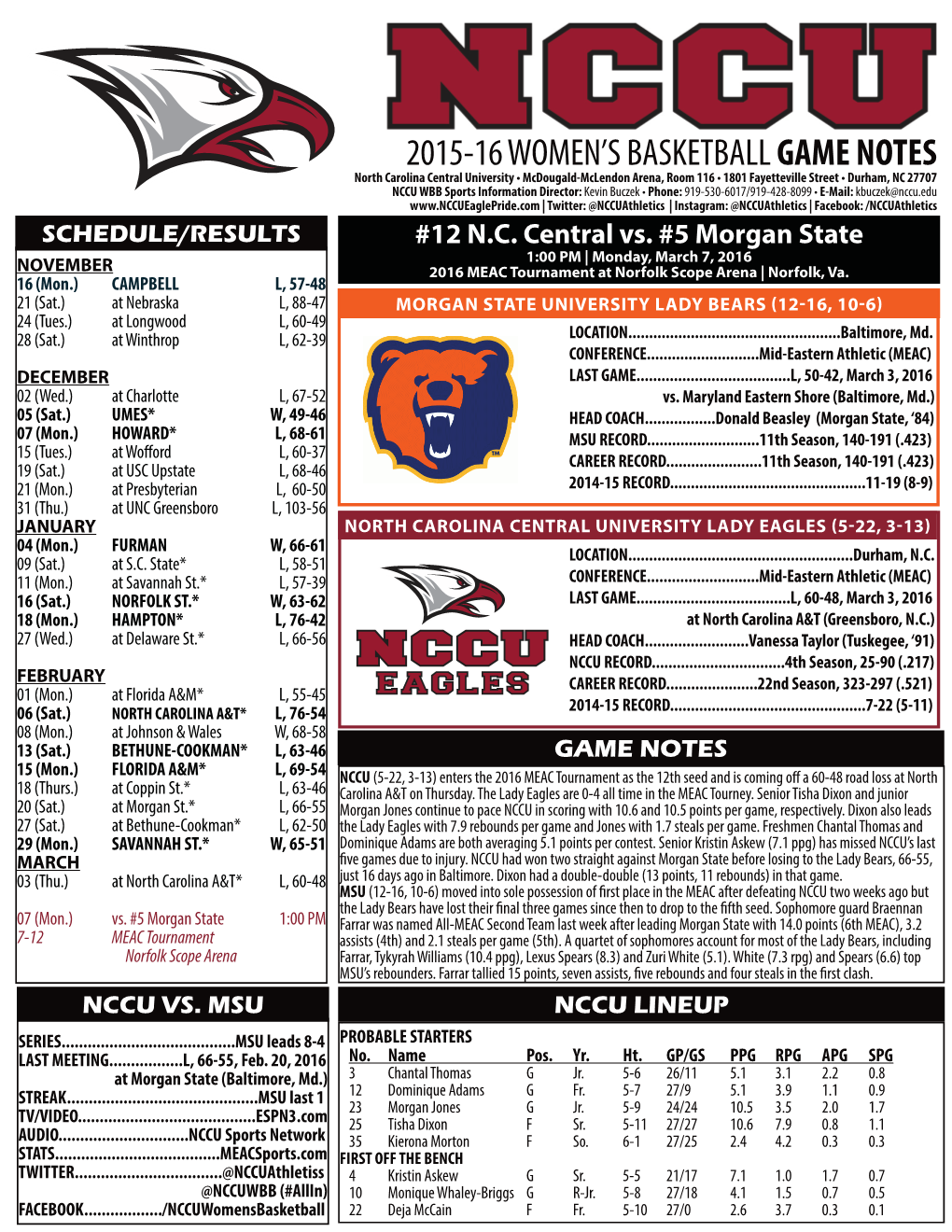 2015-16 Women's Basketball Game Notes