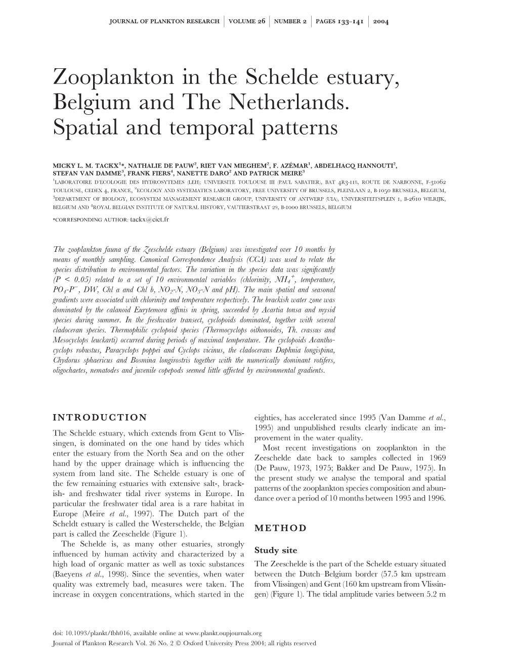 Zooplankton in the Schelde Estuary, Belgium and the Netherlands