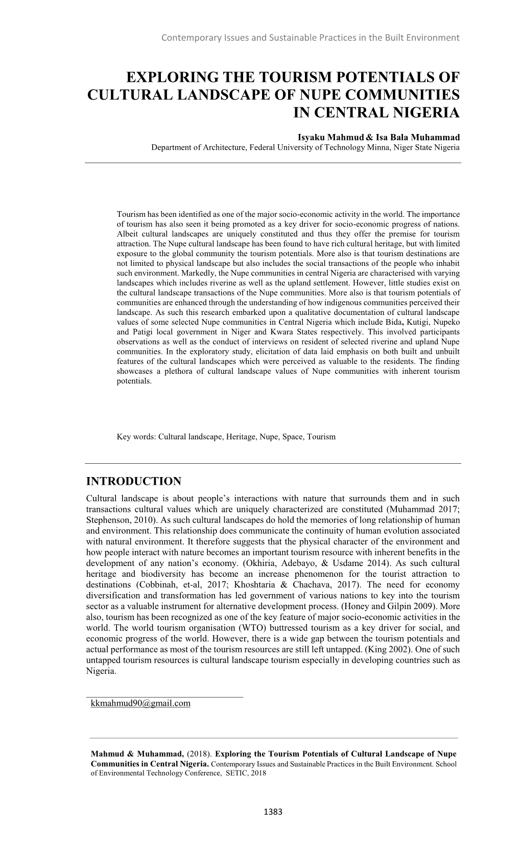 Exploring the Tourism Potentials of Cultural Landscape of Nupe Communities in Central Nigeria