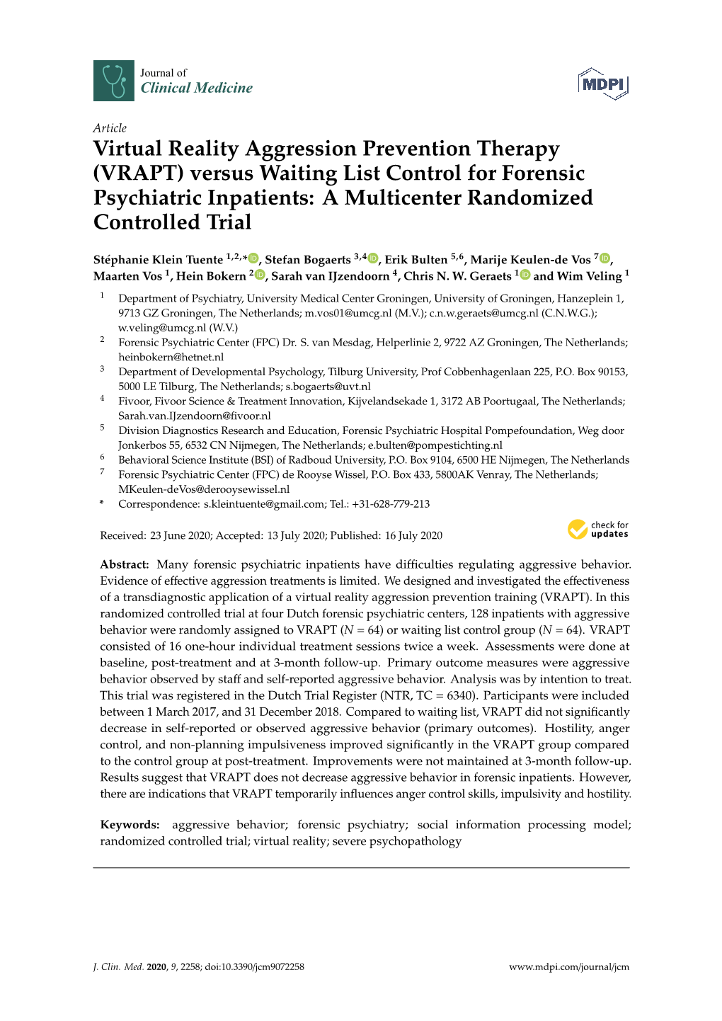 Virtual Reality Aggression Prevention Therapy (VRAPT) Versus Waiting List Control for Forensic Psychiatric Inpatients: a Multicenter Randomized Controlled Trial