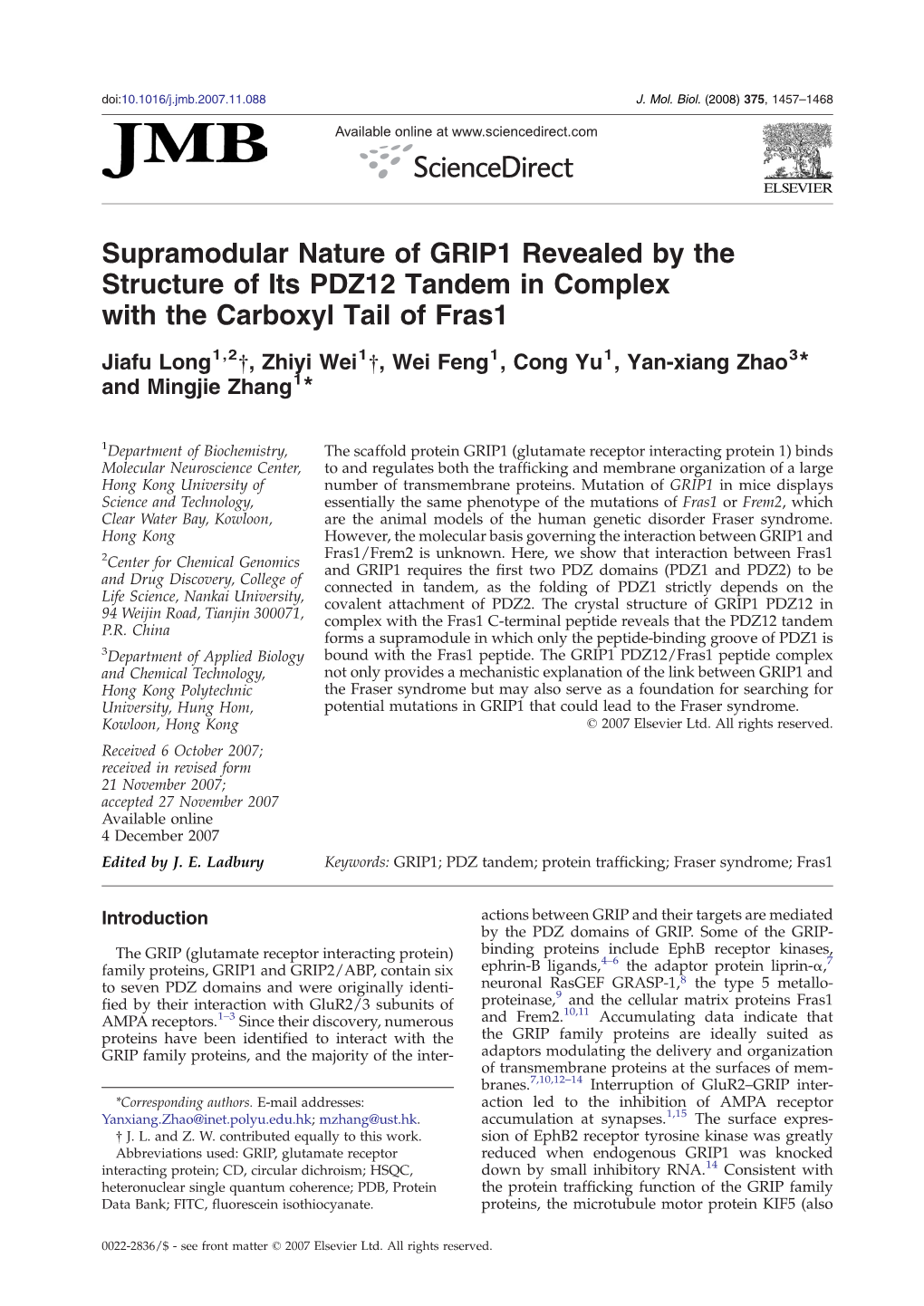 Supramodular Nature of GRIP1 Revealed by the Structure of Its PDZ12 Tandem in Complex with the Carboxyl Tail of Fras1