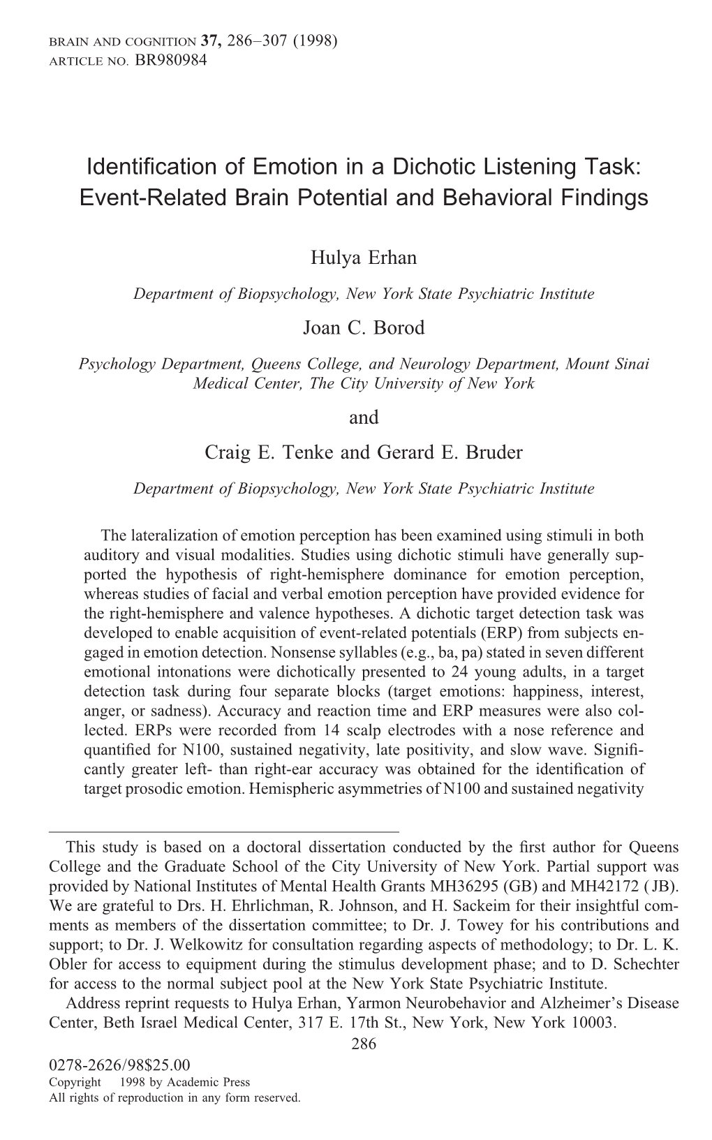 Identification of Emotion in a Dichotic Listening Task: Event-Related Brain