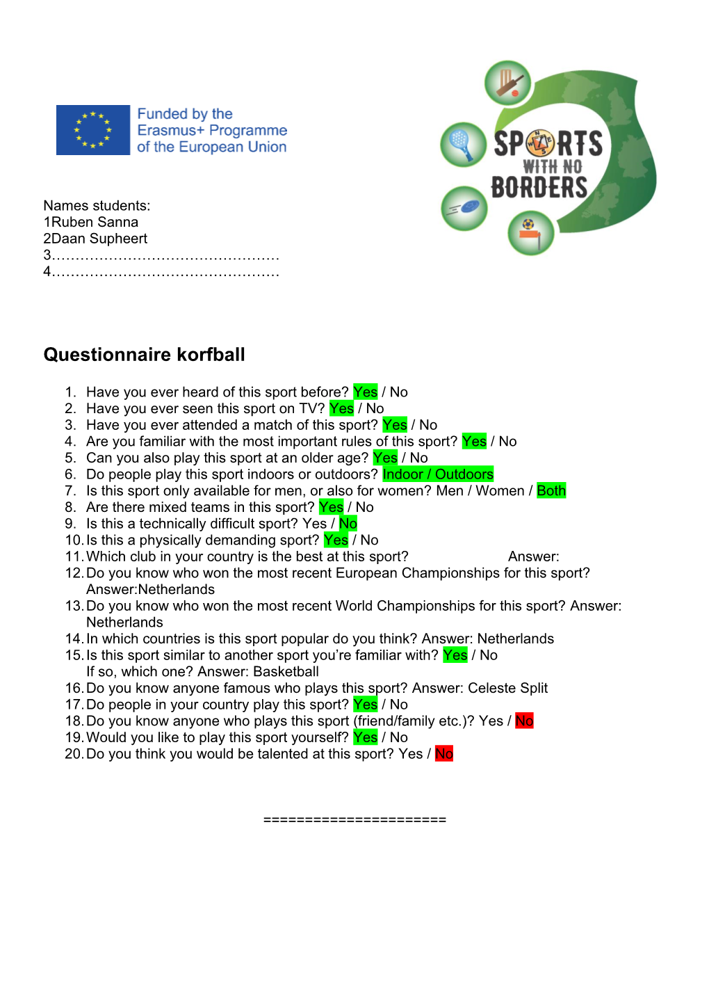 Questionnaire Korfball