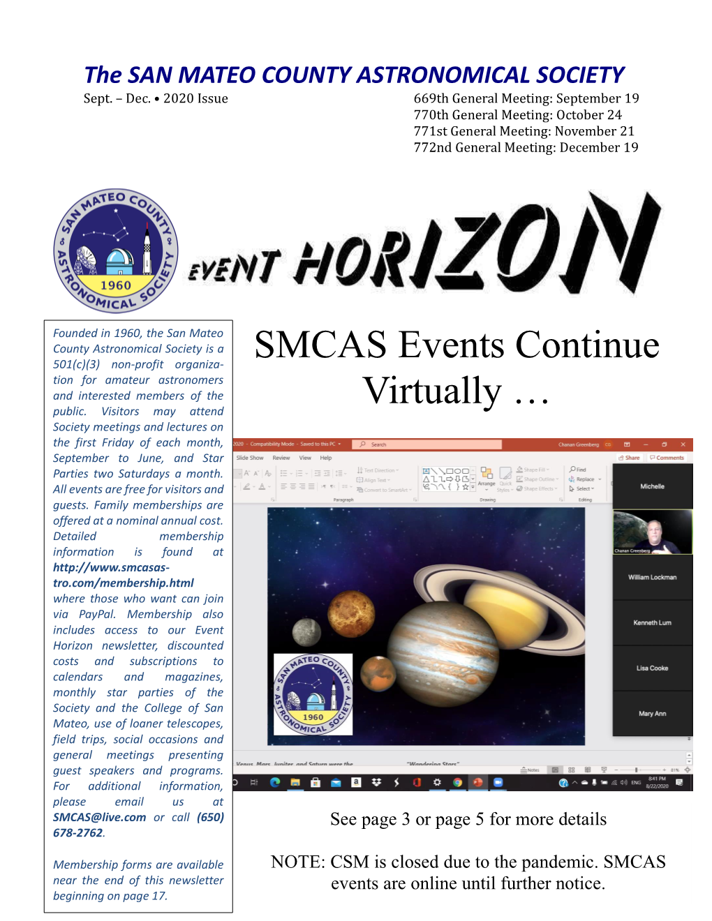 SMCAS Events Continue Virtually …
