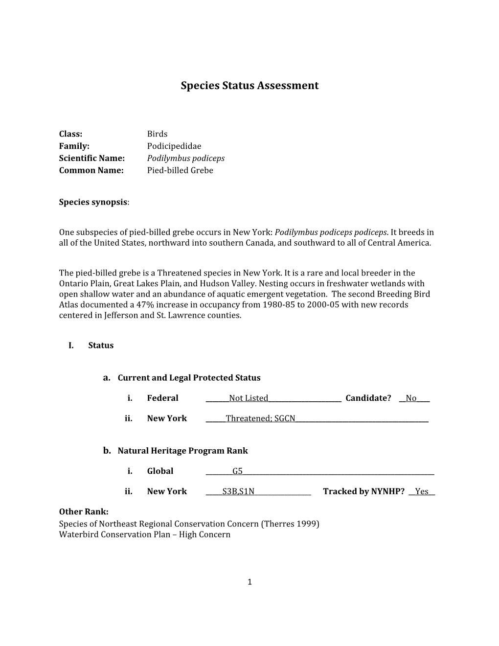 Species Assessment for Pied-Billed Grebe