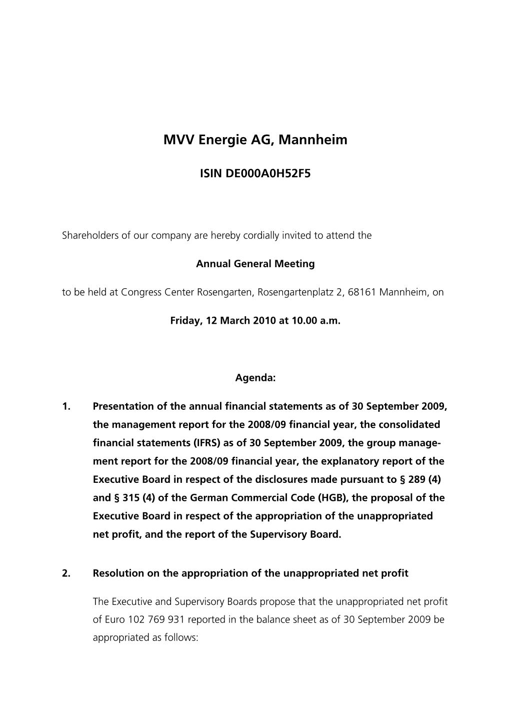 Investors Invitation General Meeting 2010 MVV Energie AG, Mannheim