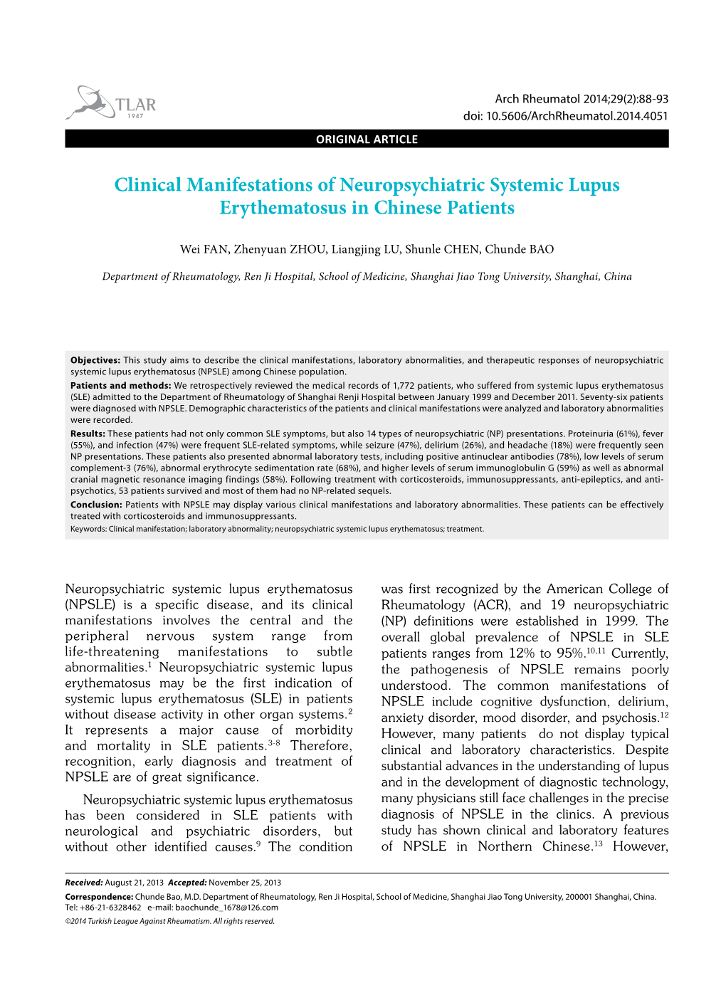 Clinical Manifestations of Neuropsychiatric Systemic Lupus Erythematosus in Chinese Patients