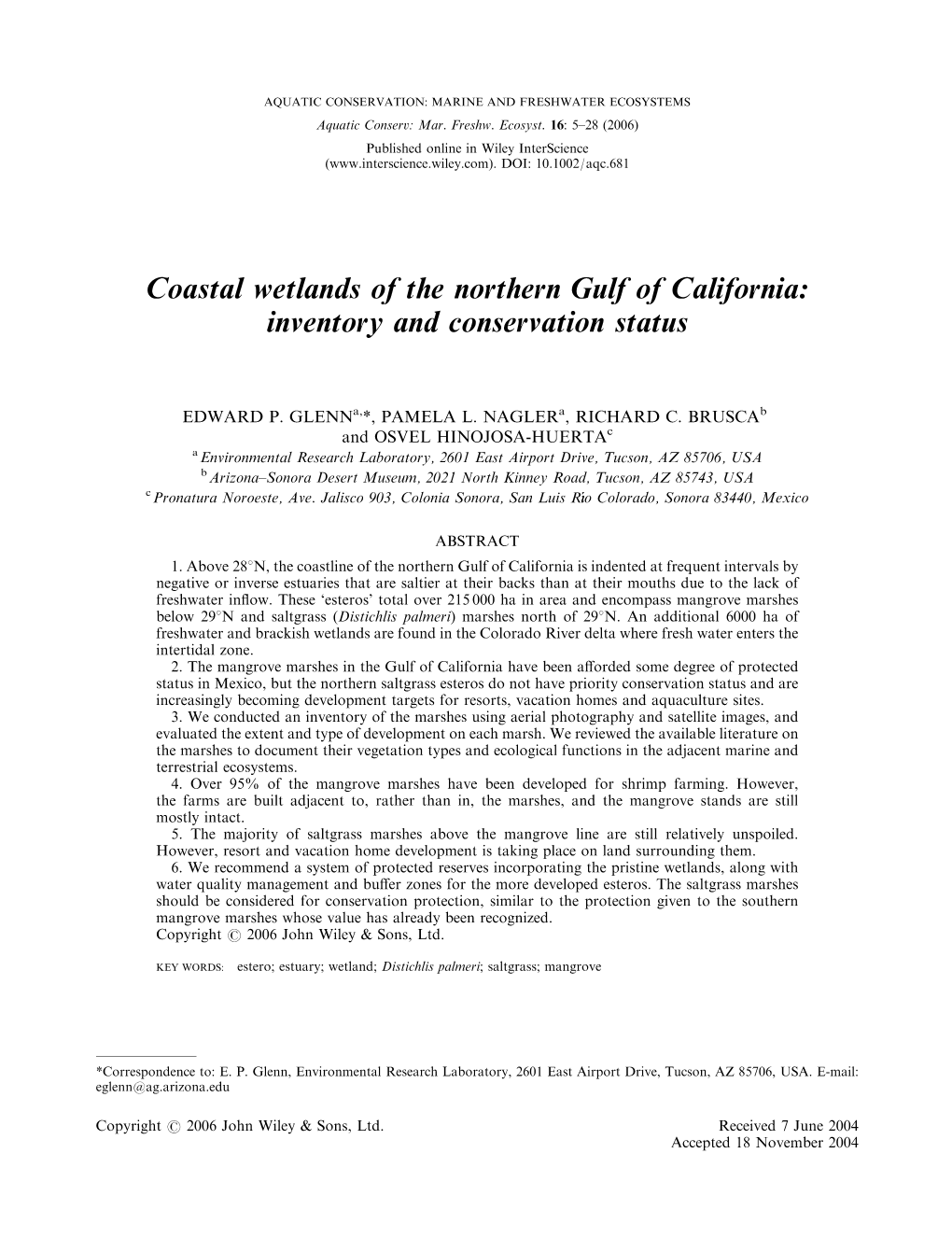 Coastal Wetlands of the Northern Gulf of California: Inventory and Conservation Status