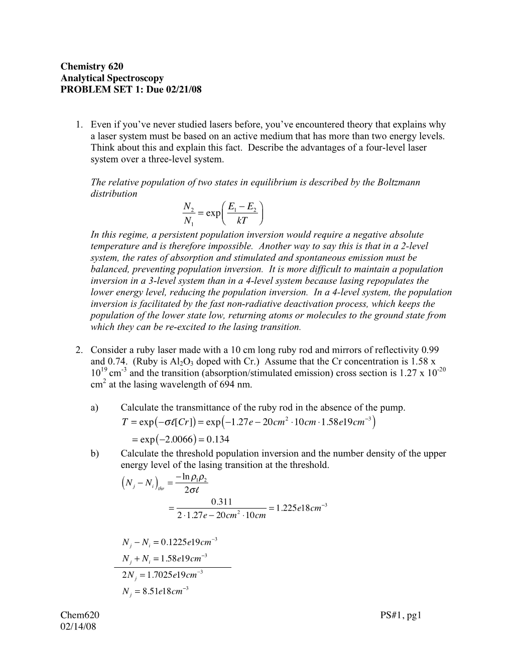 Chem620 PS#1, Pg1 02/14/08 Chemistry 620 Analytical