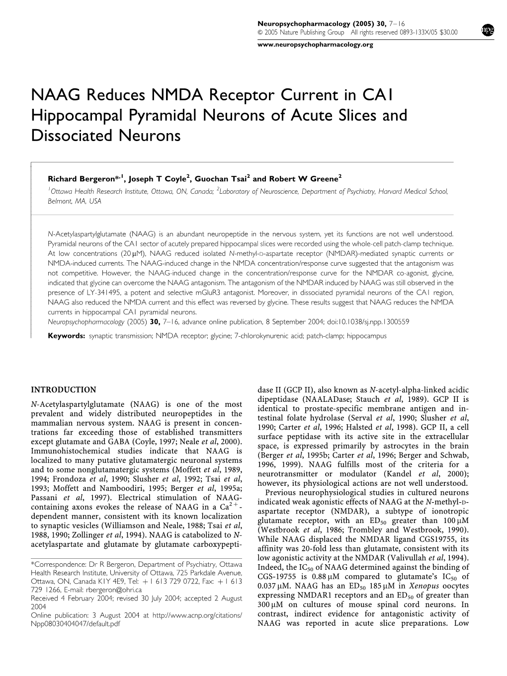 NAAG Reduces NMDA Receptor Current in CA1 Hippocampal Pyramidal Neurons of Acute Slices and Dissociated Neurons