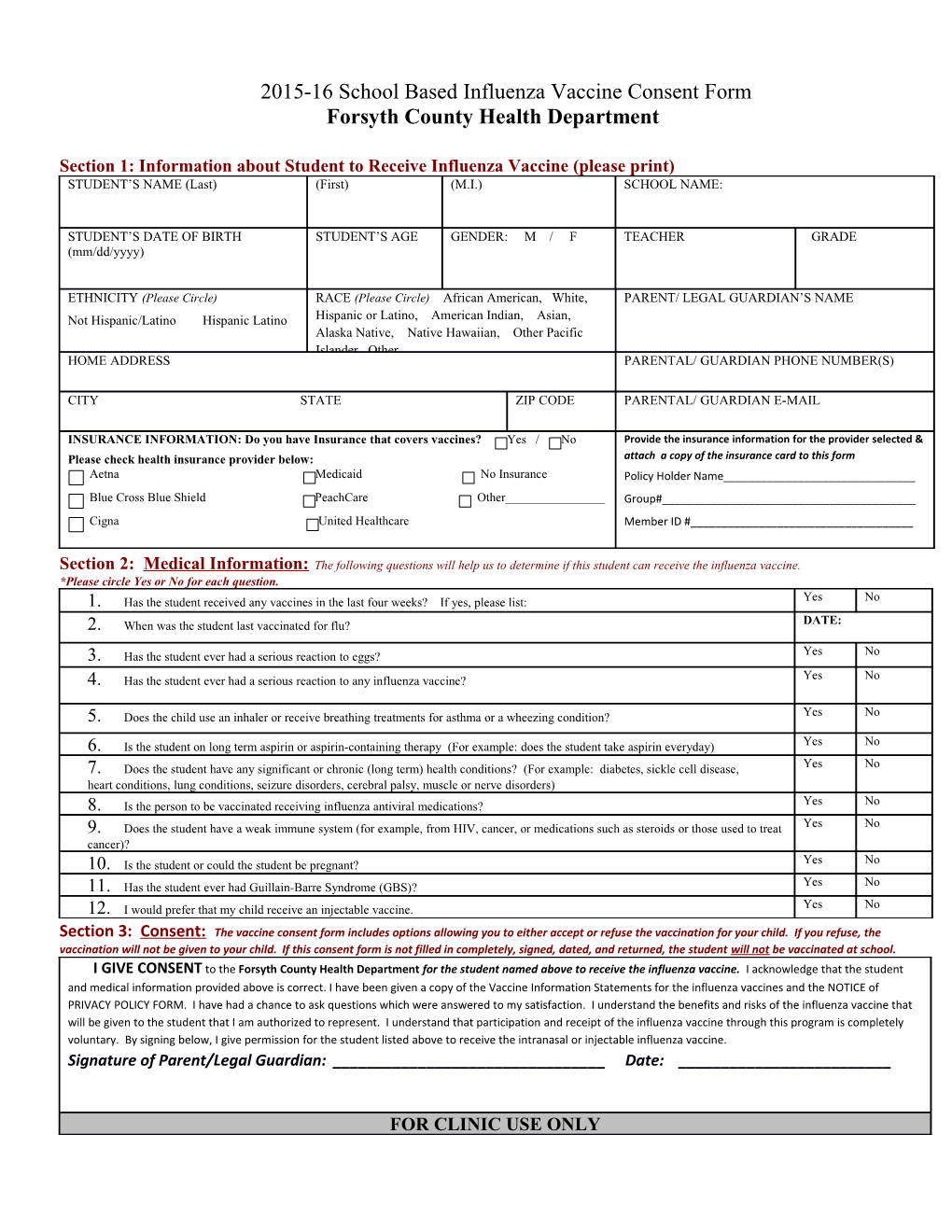 2011 Influenza Vaccine Consent Form