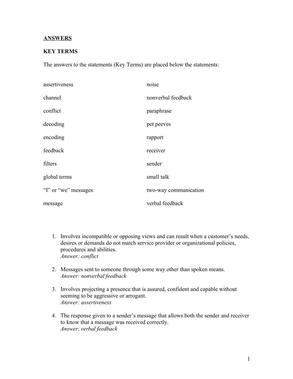 The Answers to the Statements (Key Terms) Are Placed Below the Statements