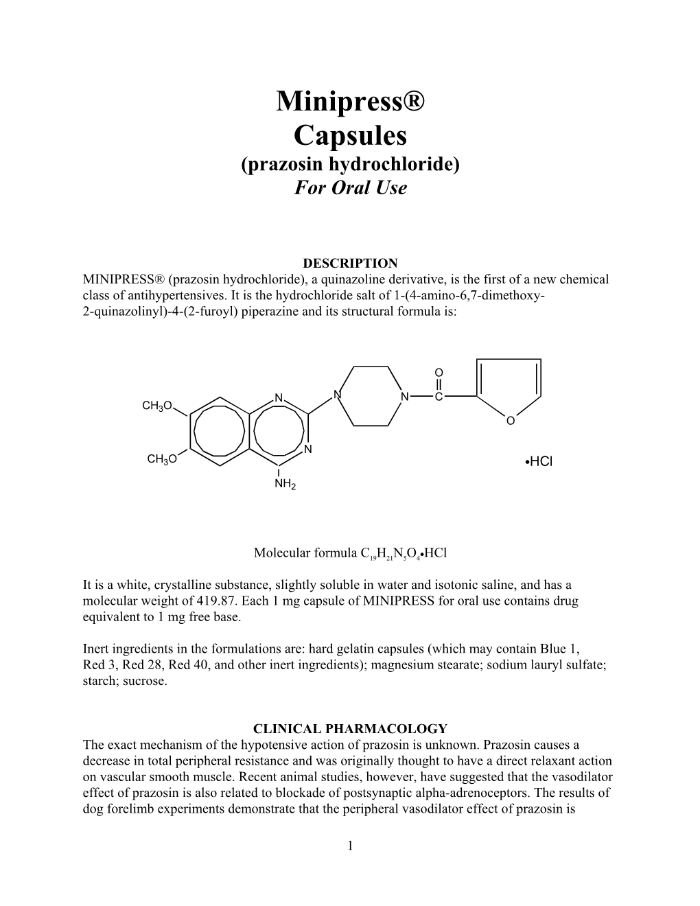 Minipress® Capsules (Prazosin Hydrochloride) for Oral Use