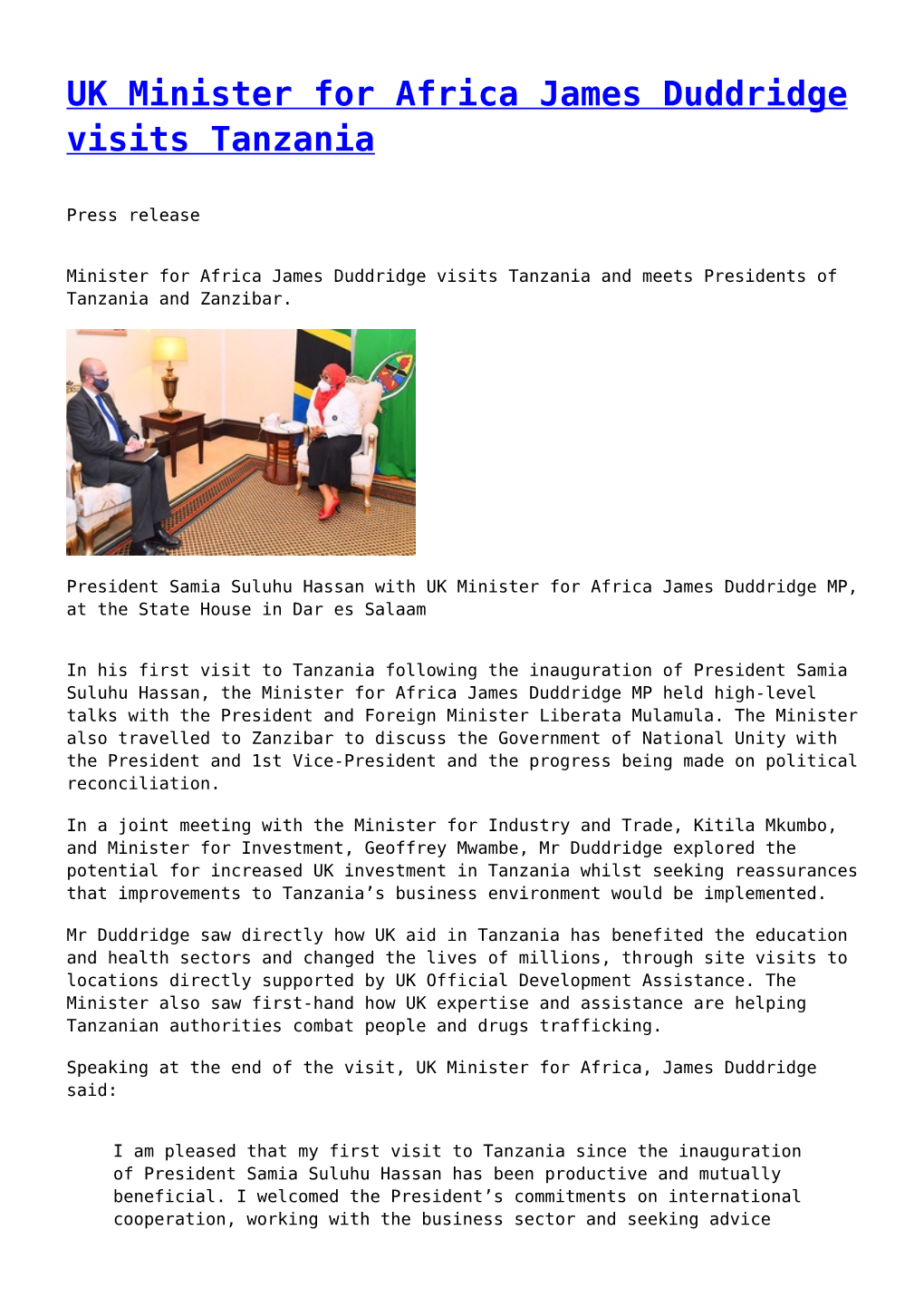 UK Minister for Africa James Duddridge Visits Tanzania
