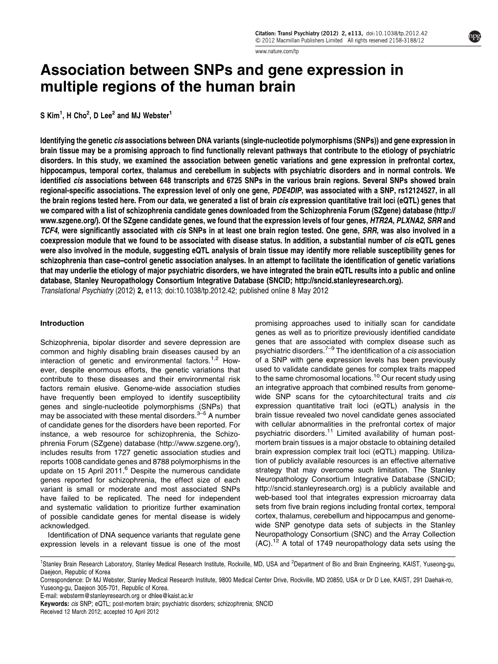 Association Between Snps and Gene Expression in Multiple Regions of the Human Brain