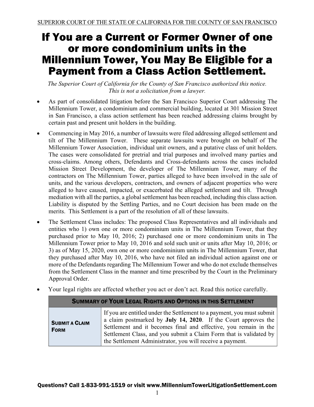 If You Are a Current Or Former Owner of One Or More Condominium Units in the Millennium Tower, You May Be Eligible for a Payment from a Class Action Settlement