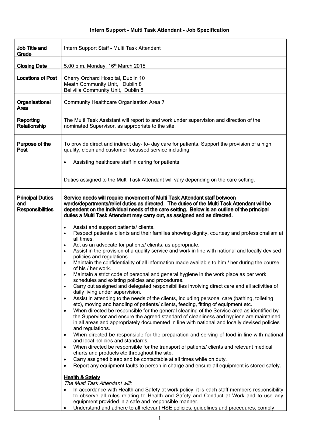 Multi Task Attendant - Job Specification