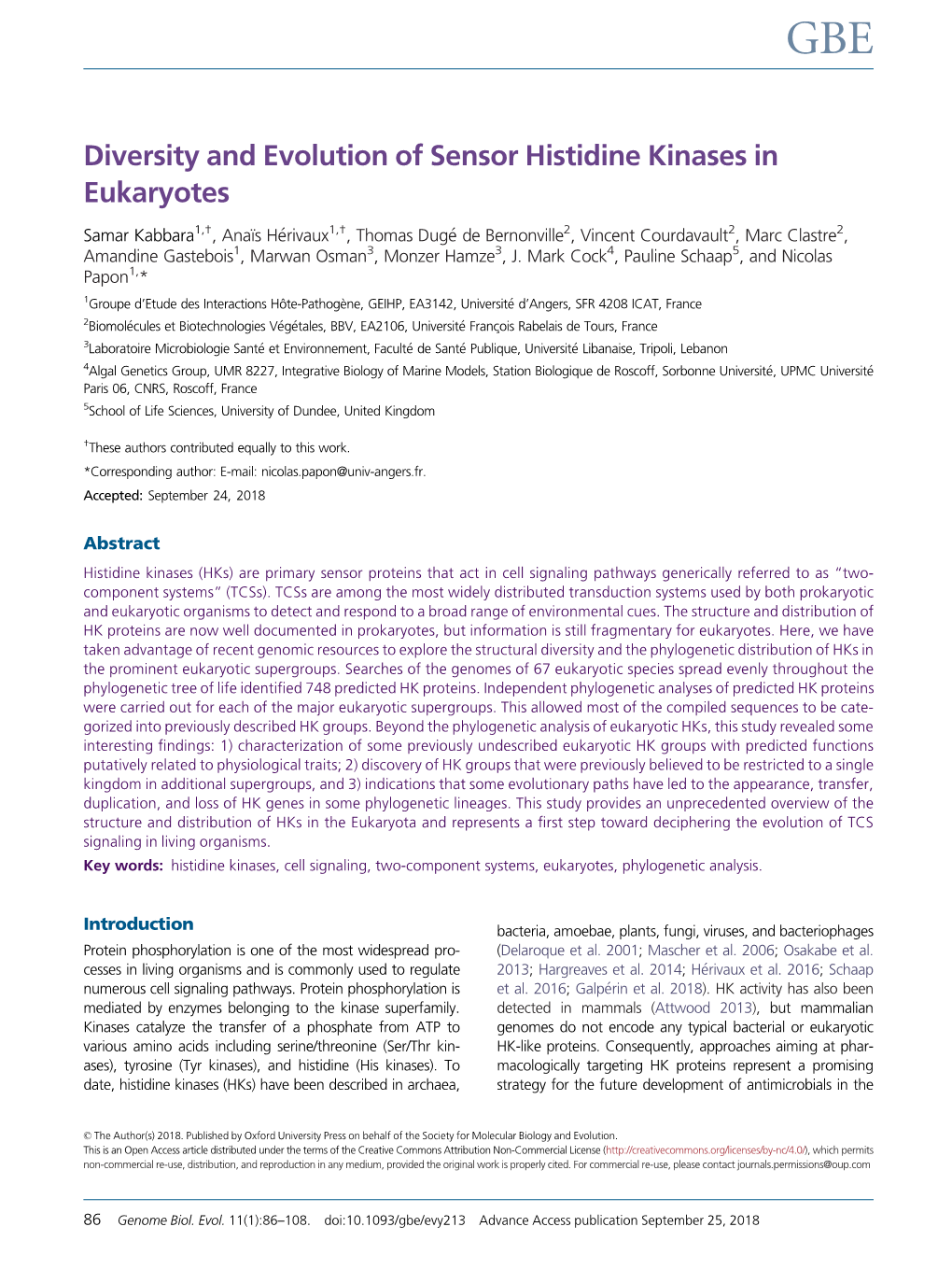 Diversity and Evolution of Sensor Histidine Kinases in Eukaryotes