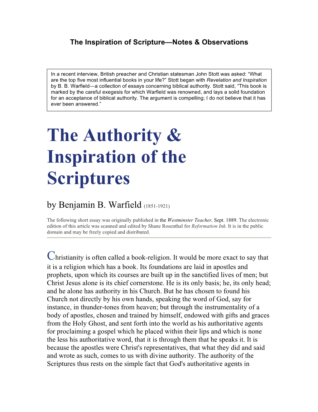 The Authority & Inspiration of the Scriptures