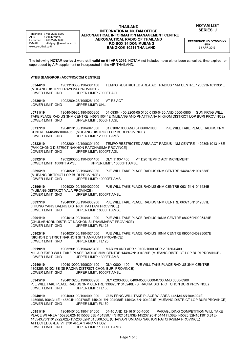 Thailand Notam List Series J