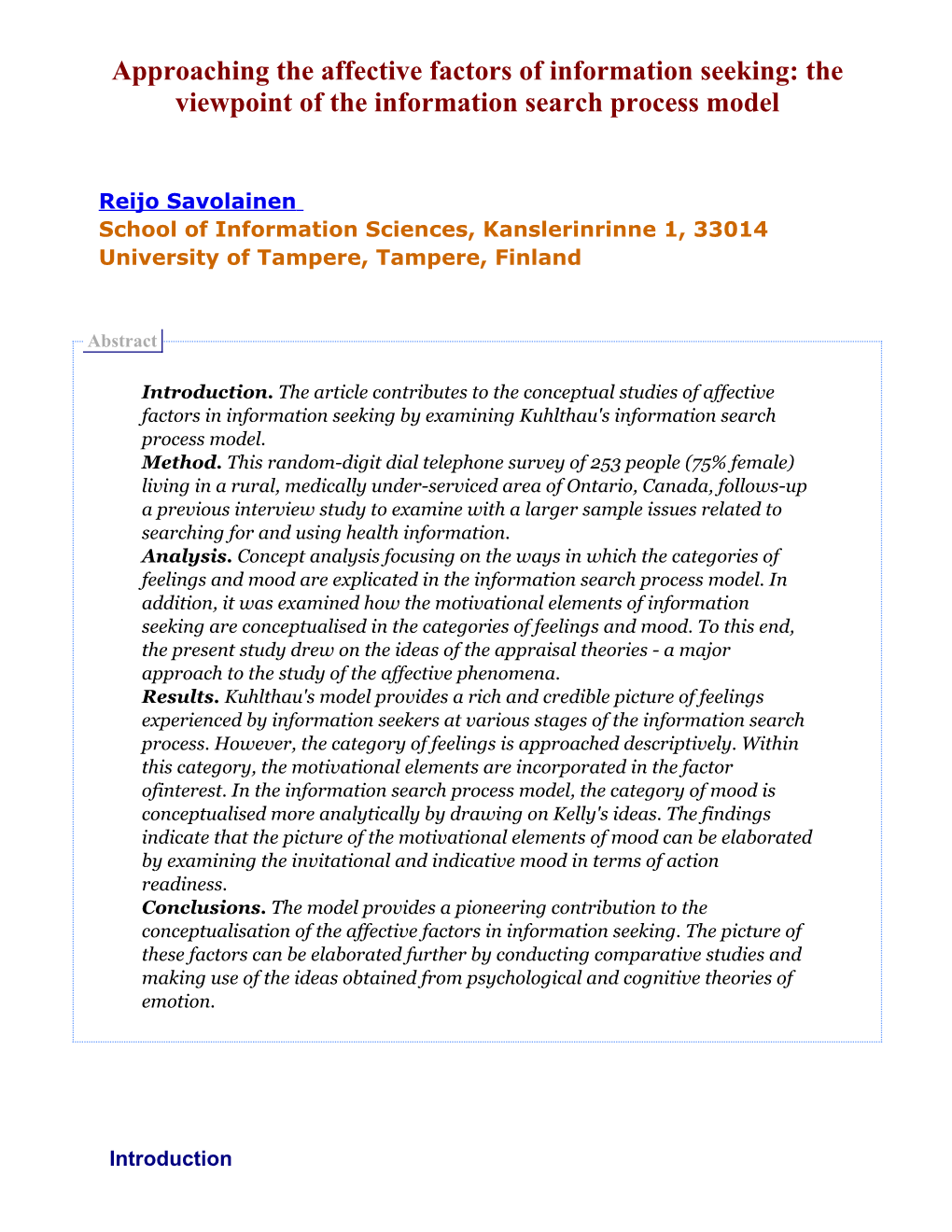 Approaching the Affective Factors of Information Seeking: the Viewpoint of the Information Search Process Model