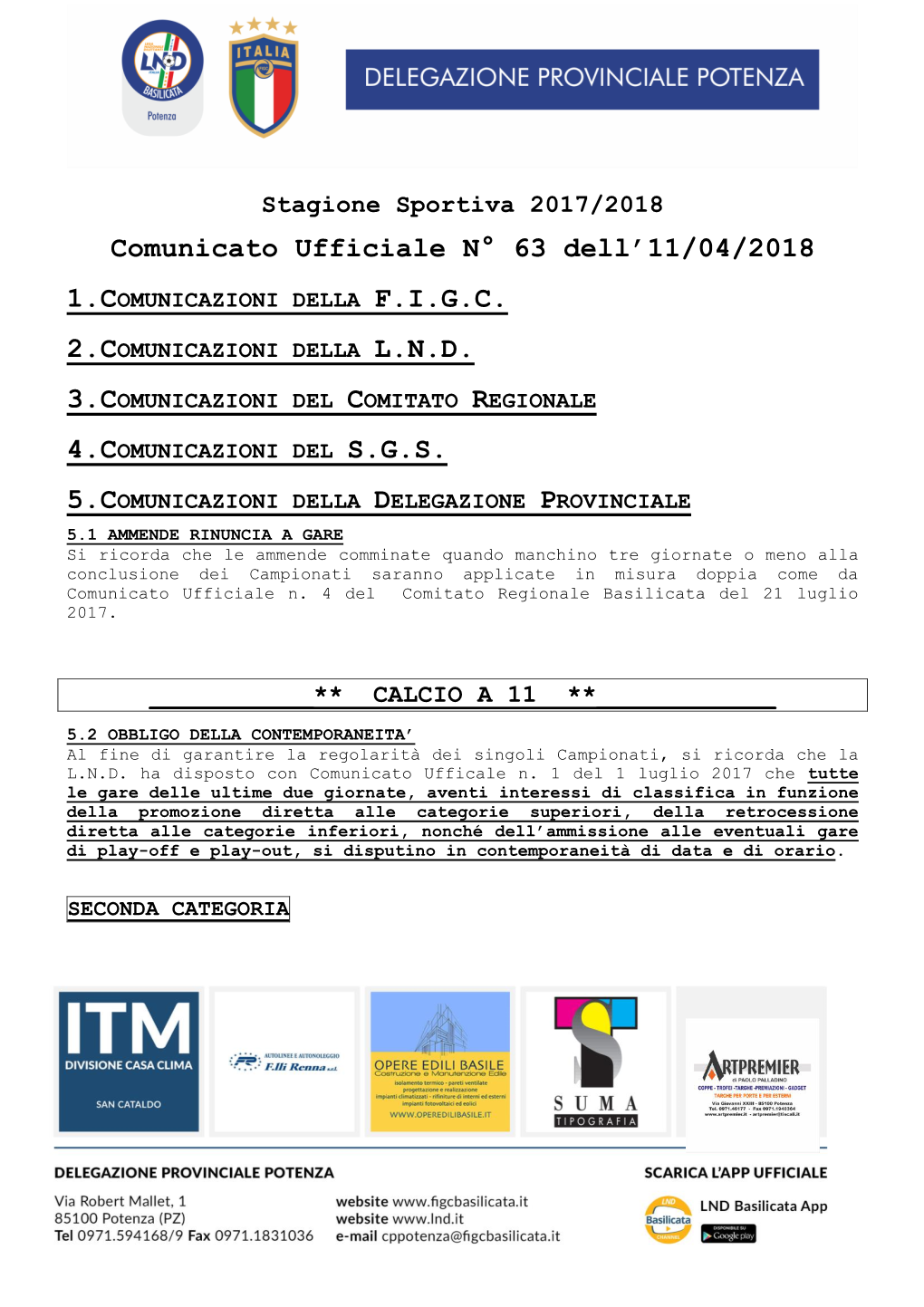 Comunicato Ufficiale N° 63 Dell'11/04/2018