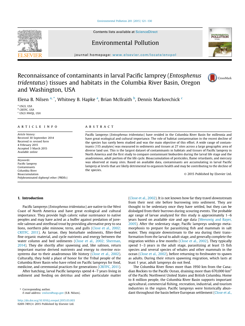 Reconnaissance of Contaminants in Larval Pacific Lamprey (Entosphenus