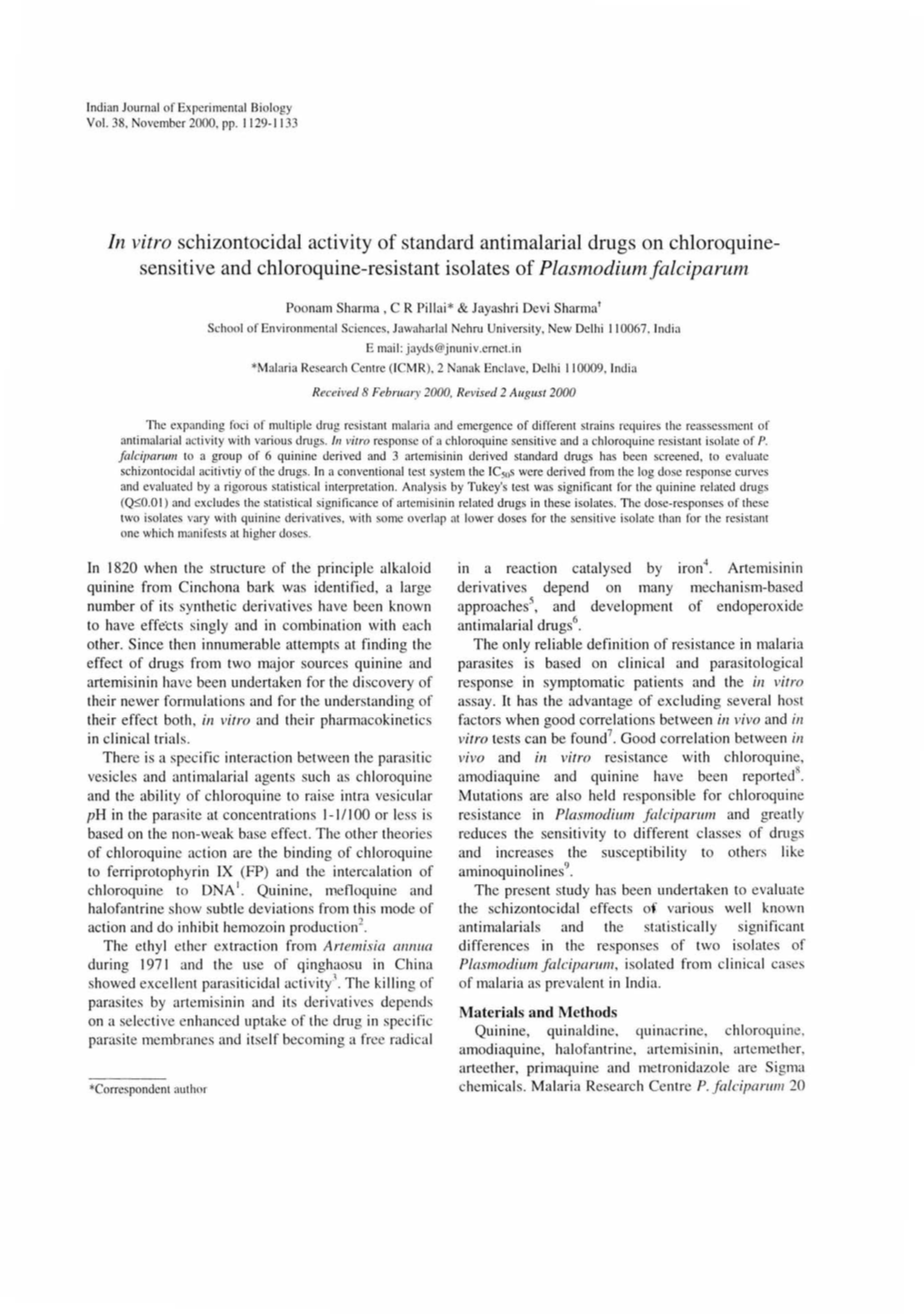 Sensitive and Chloroquine-Resistant Isolates of Plasmodiumfalciparum