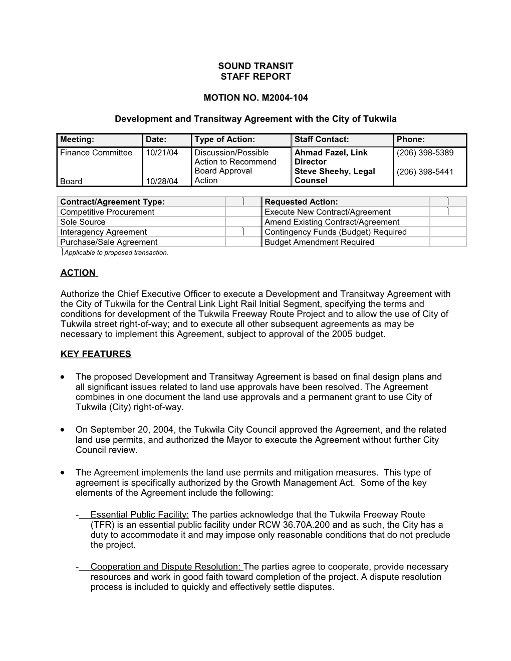 Development and Transitway Agreement with the City of Tukwila