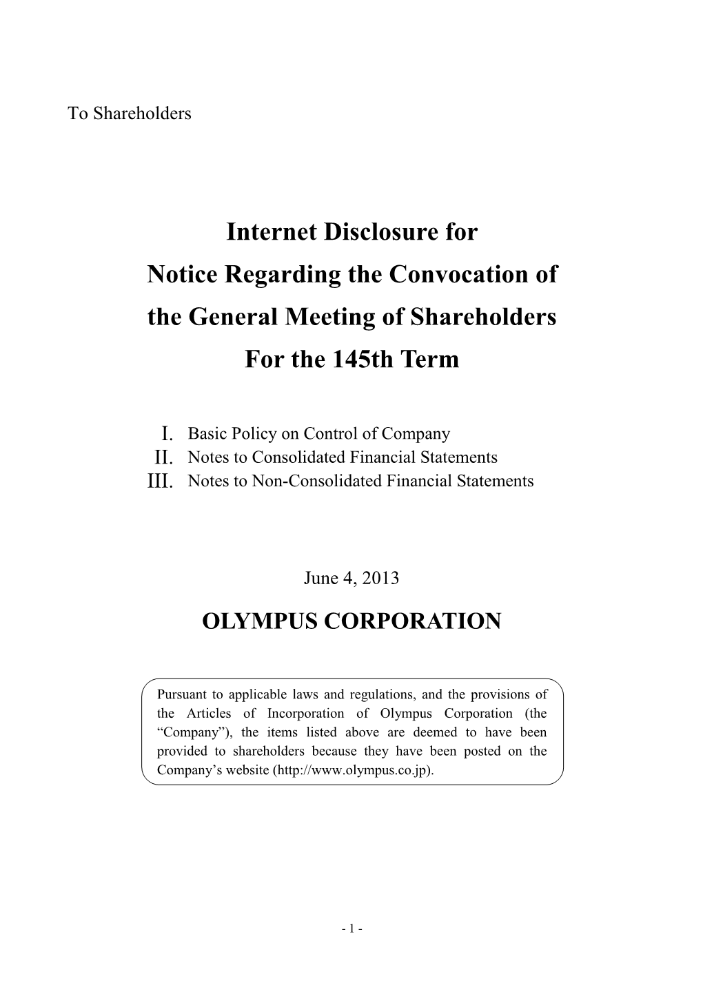 Internet Disclosure for Notice Regarding the Convocation of the General Meeting of Shareholders for the 145Th Term