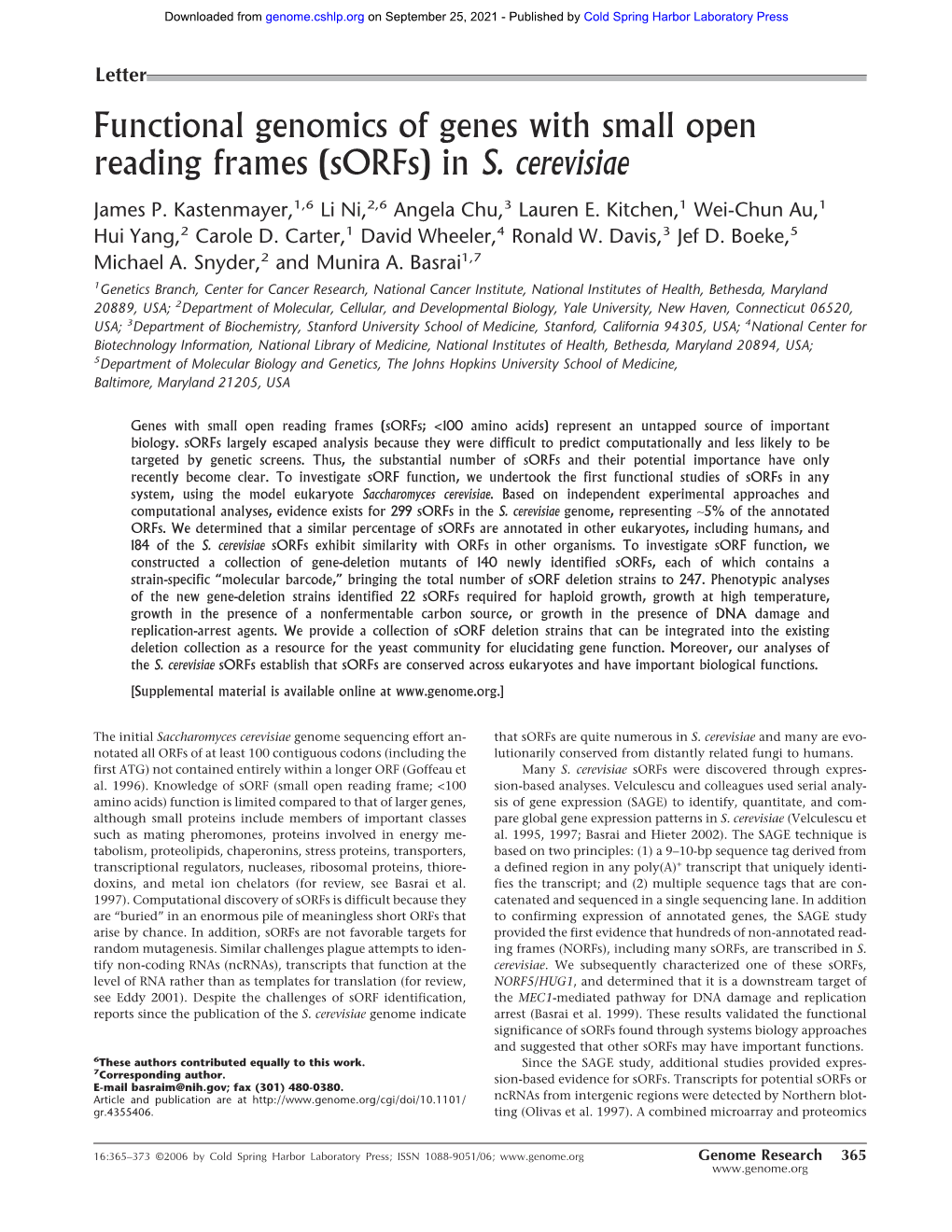 Functional Genomics of Genes with Small Open Reading Frames (Sorfs) in S
