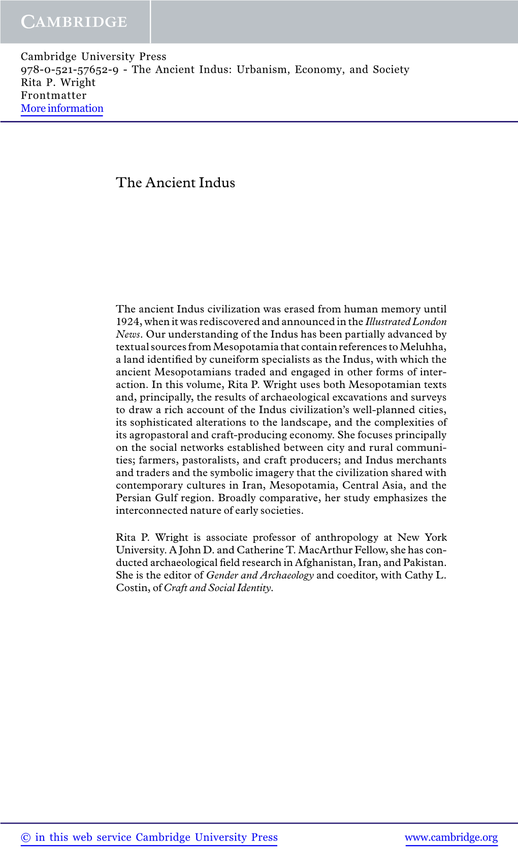 The Ancient Indus: Urbanism, Economy, and Society Rita P