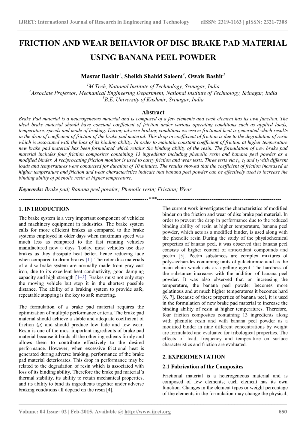 Friction and Wear Behavior of Disc Brake Pad Material Using Banana Peel Powder