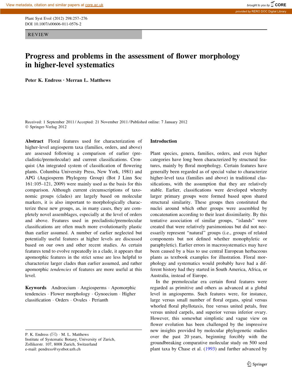 Progress and Problems in the Assessment of Flower Morphology In