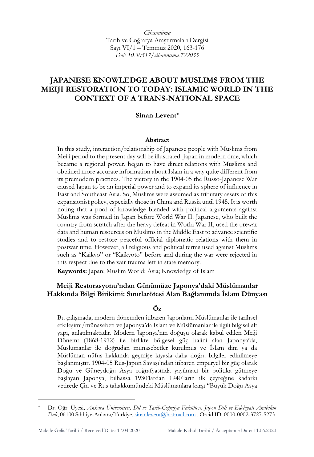 Japanese Knowledge About Muslims from the Meiji Restoration to Today: Islamic World in the Context of a Trans-National Space