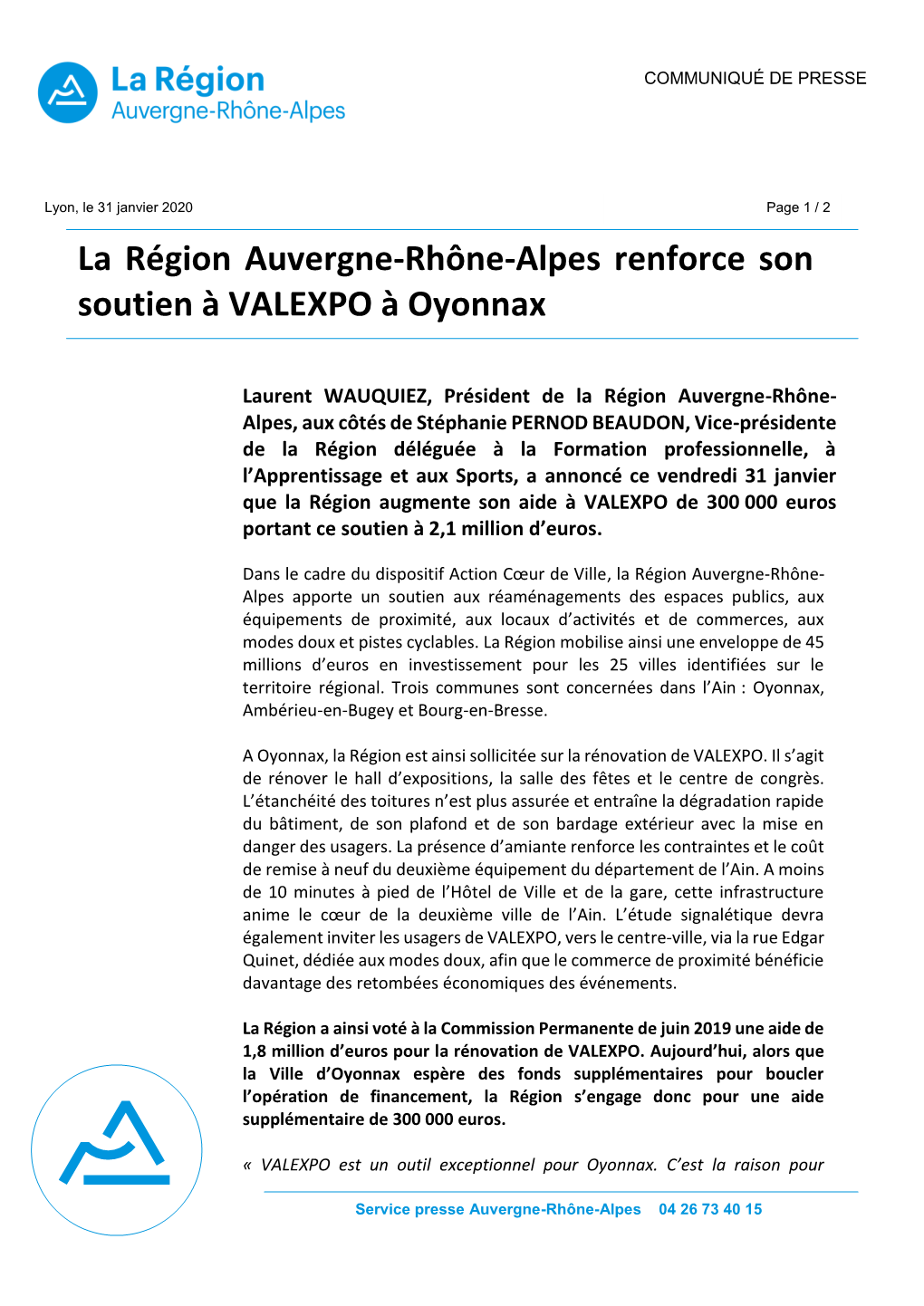 La Région Auvergne-Rhône-Alpes Renforce Son Soutien À VALEXPO À Oyonnax