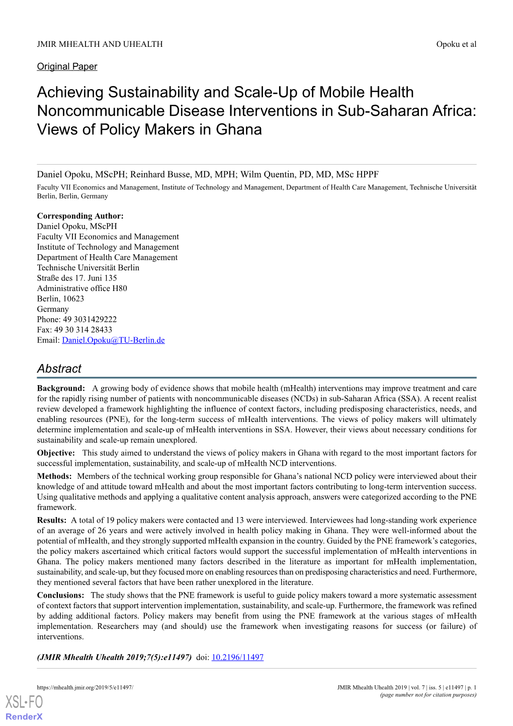 Achieving Sustainability and Scale-Up of Mobile Health Noncommunicable Disease Interventions in Sub-Saharan Africa: Views of Policy Makers in Ghana