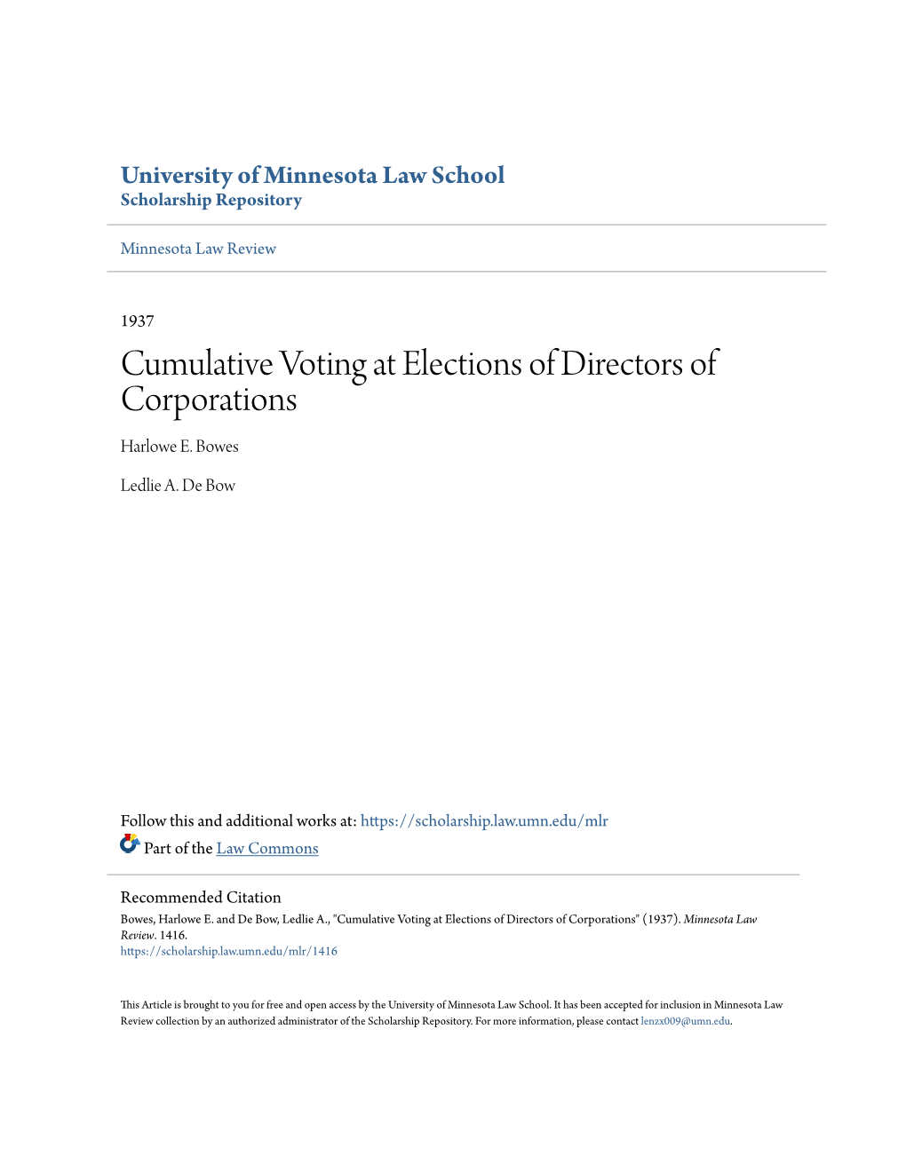 Cumulative Voting at Elections of Directors of Corporations Harlowe E