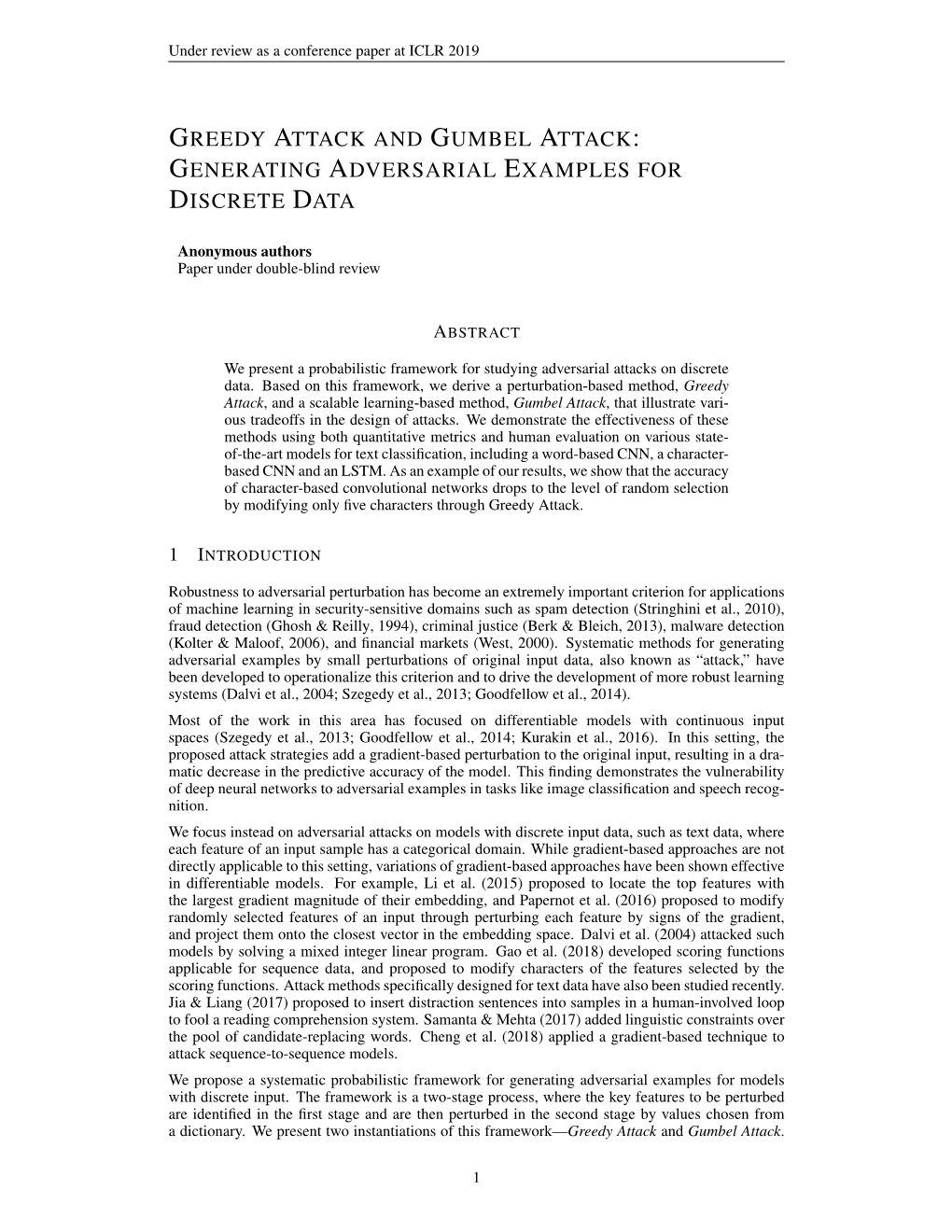 Greedy Attack and Gumbel Attack: Generating Adversarial Examplesfor Discrete Data