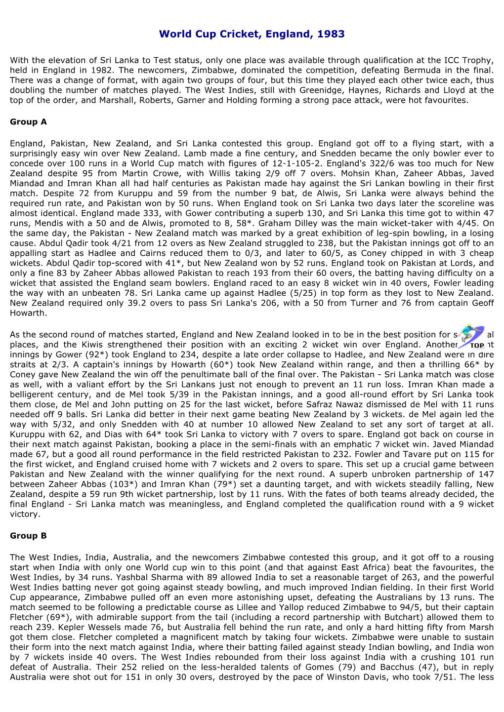 World Cup Cricket, England, 1983