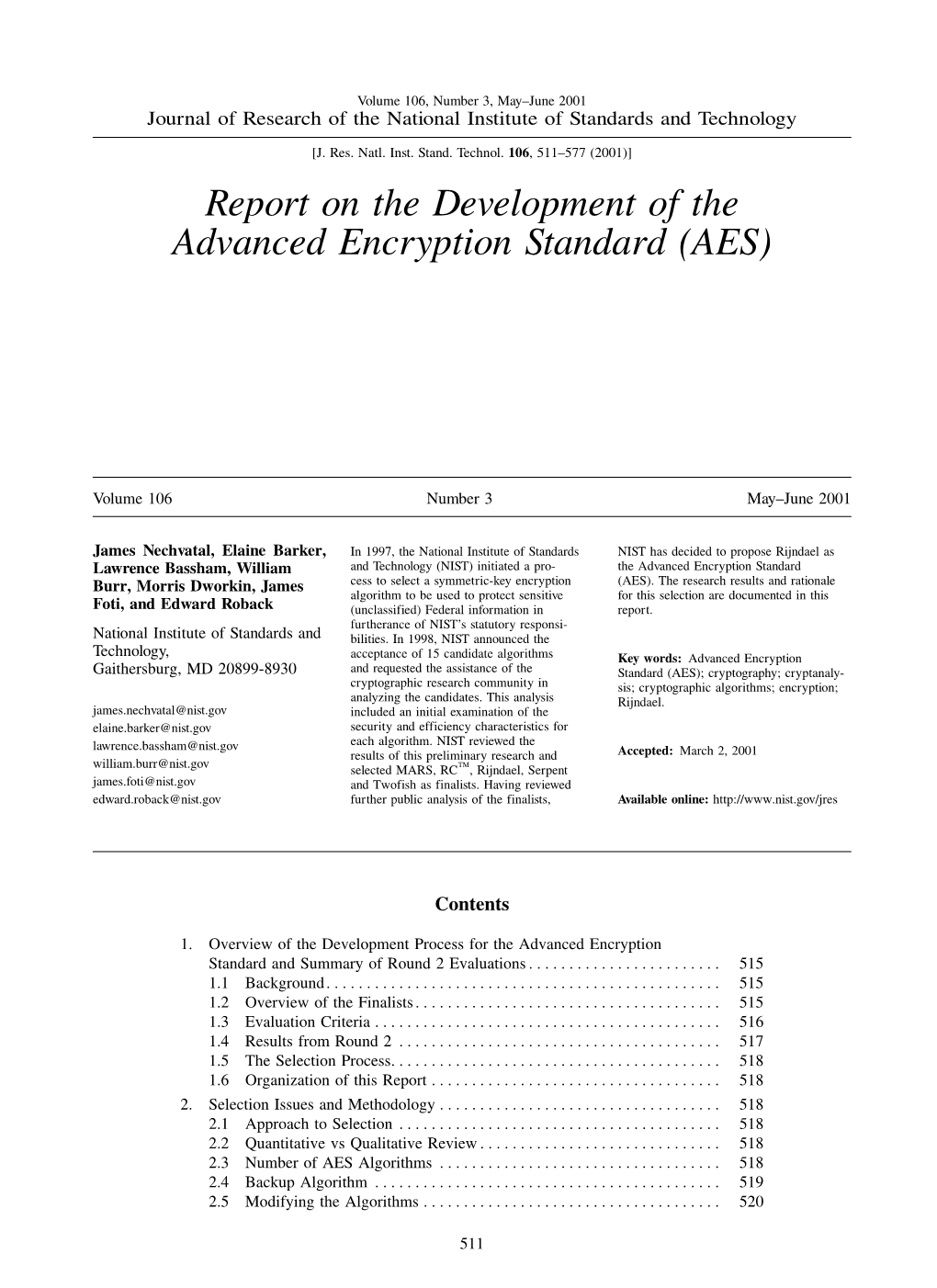 Report on the Development of the Advanced Encryption Standard (AES)