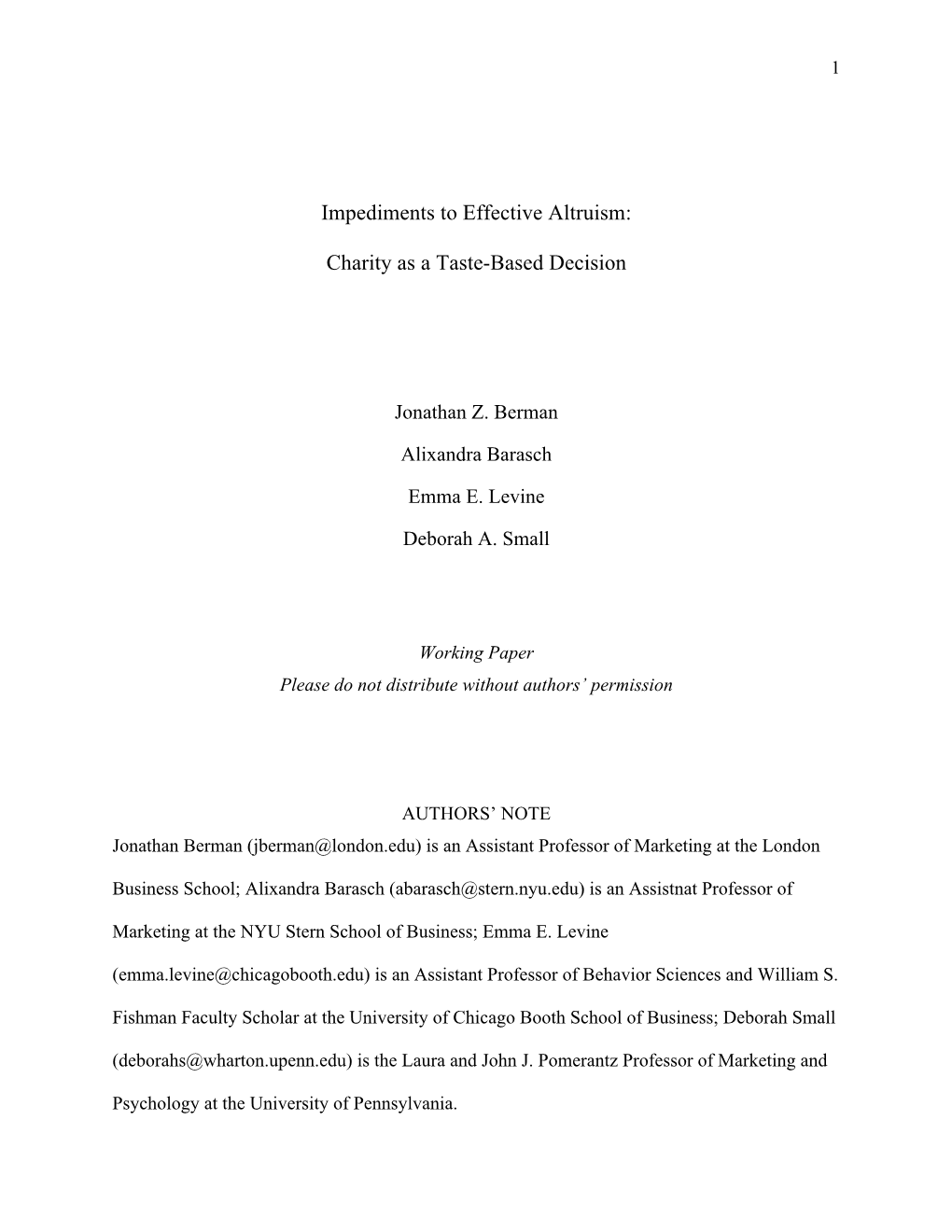 Impediments to Effective Altruism: Charity As a Taste-Based Decision