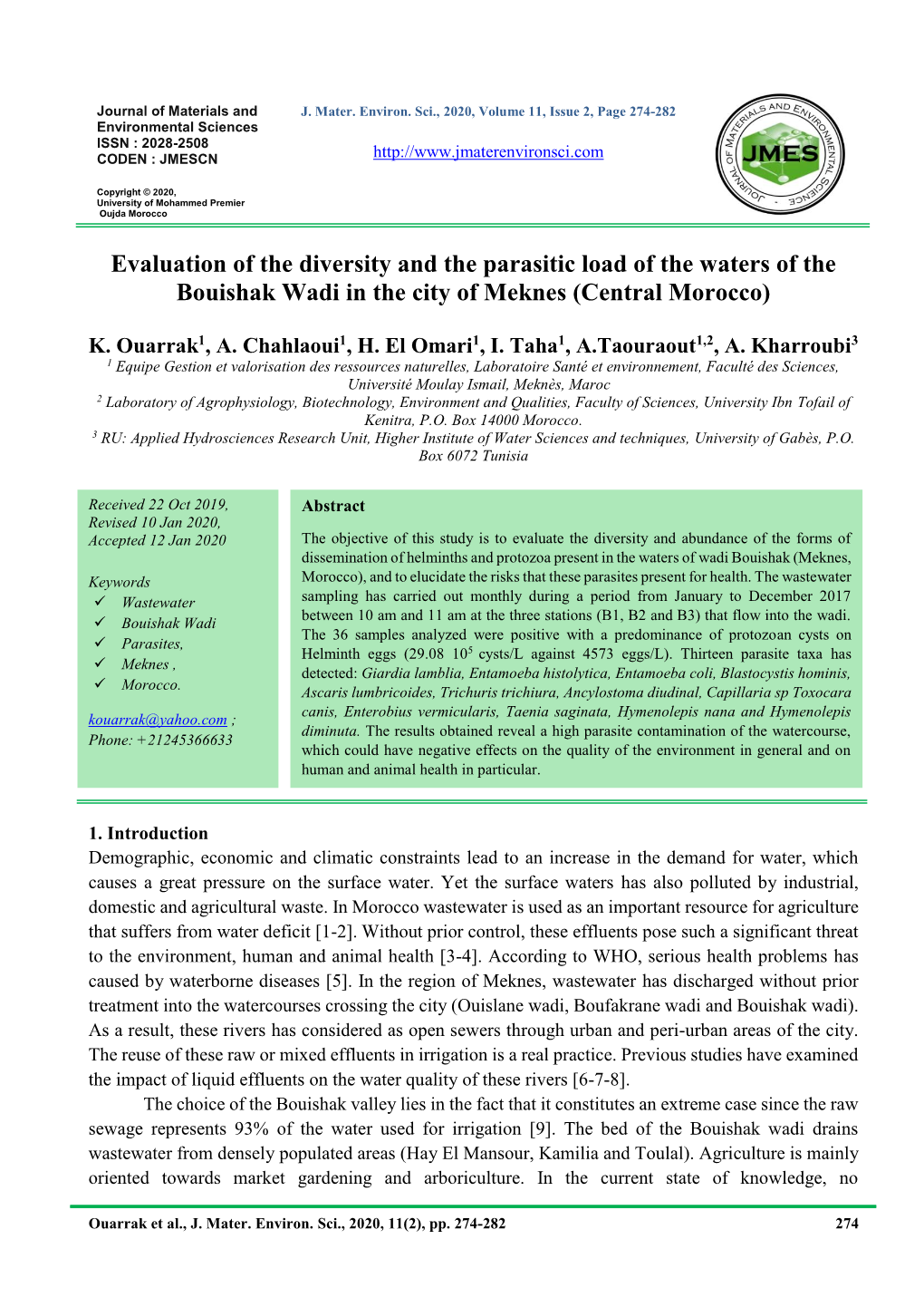 Evaluation of the Diversity and the Parasitic Load of the Waters of the Bouishak Wadi in the City of Meknes (Central Morocco)