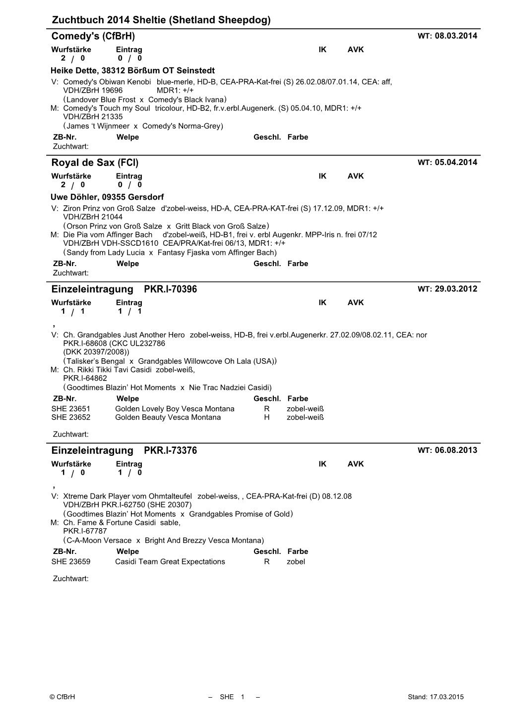 Zuchtbuch 2014 Sheltie (Shetland Sheepdog) Comedy's / / (Cfbrh) Royal De Sax / / (FCI) Einzeleintragung / / PKR.I-70396 Einzelei